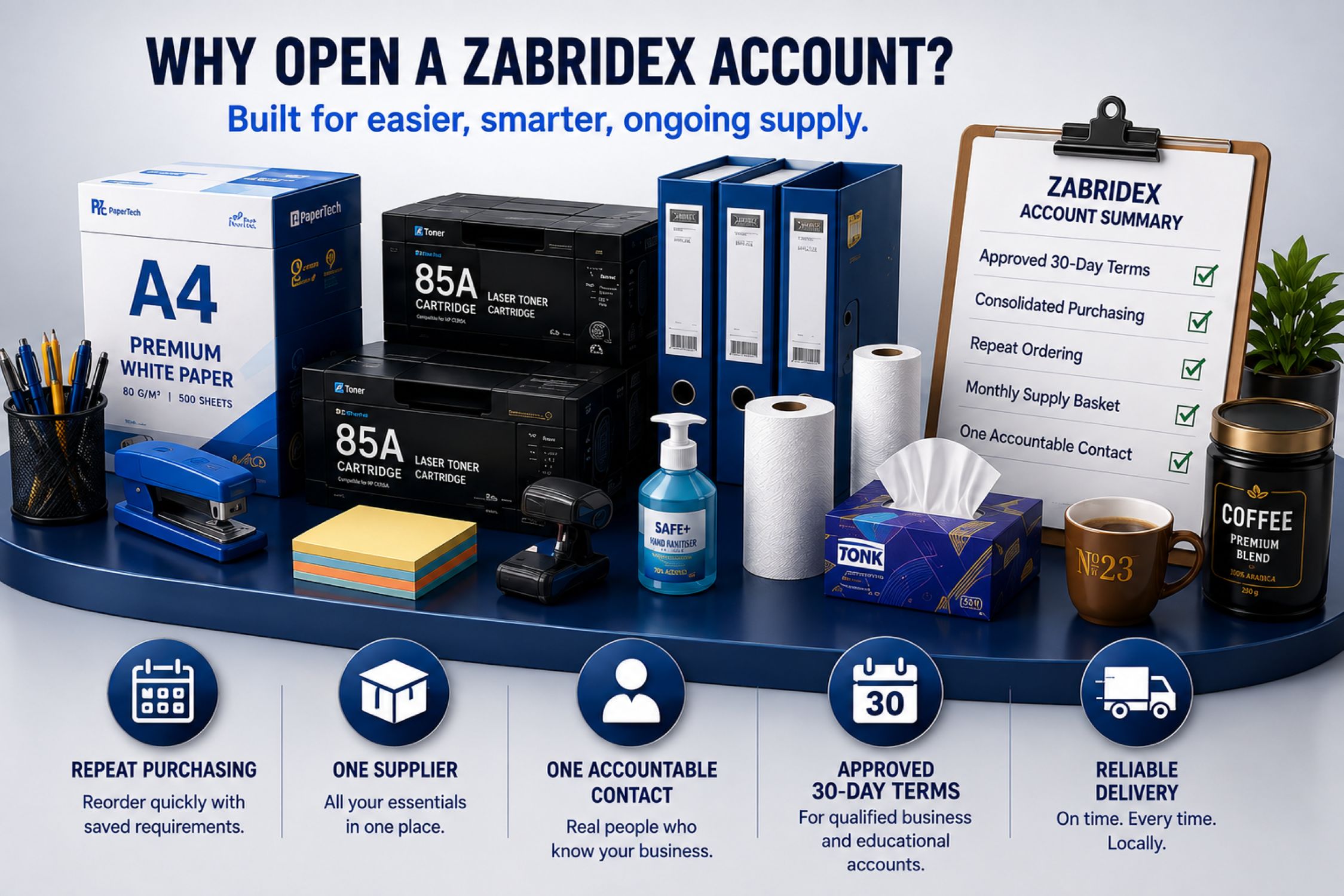 Open a Zabridex 30-day business or educational office supplies account