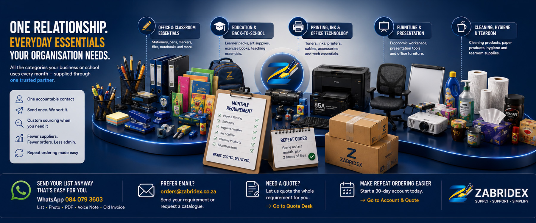 Zabridex supply categories including office stationery, educational products, printing, furniture, cleaning, hygiene and tearoom supplies