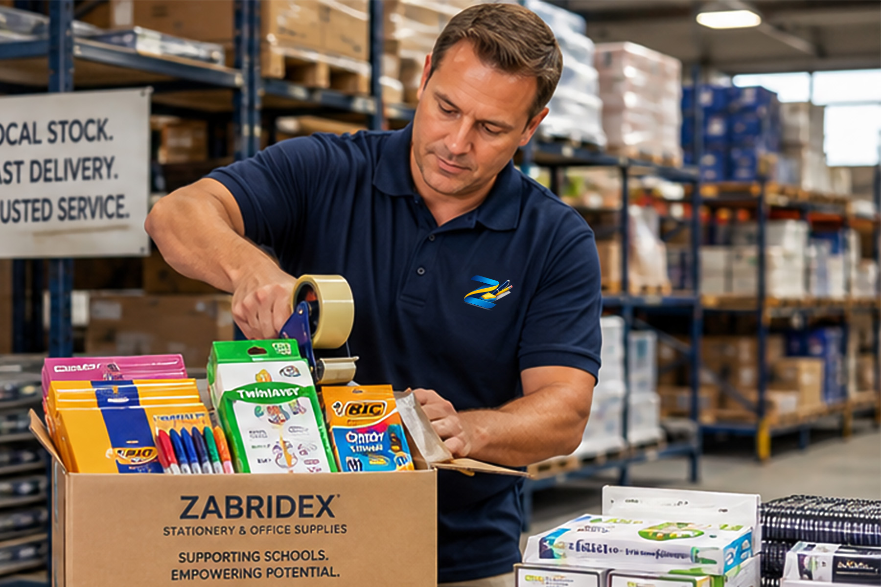 Zabridex order preparation showing stationery and school supplies being carefully packed for fulfilment